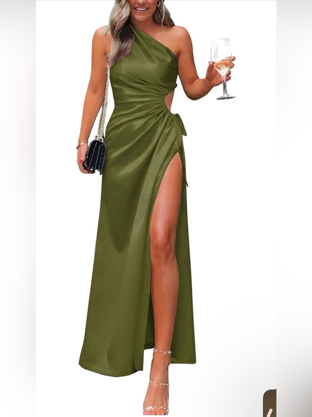 PRETTYGARDEN Women's One Shoulder Satin Cutout High Split Maxi Dress